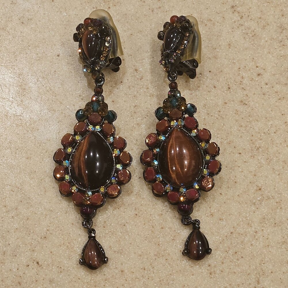 RARE STATEMENT JOSE & MARIA BARRERA CRYSTAL CABOCHON CHANDELIER DROP EARRINGS